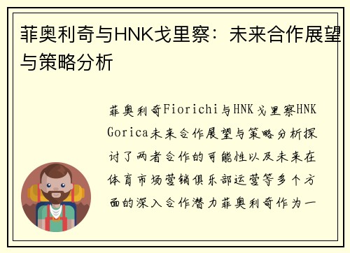 菲奥利奇与HNK戈里察：未来合作展望与策略分析
